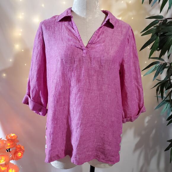 Tahari NWT 100% Linen Pink 1/2 Sleeve V-Neck Collared Tunic Top Women's Size S - Picture 1 of 8